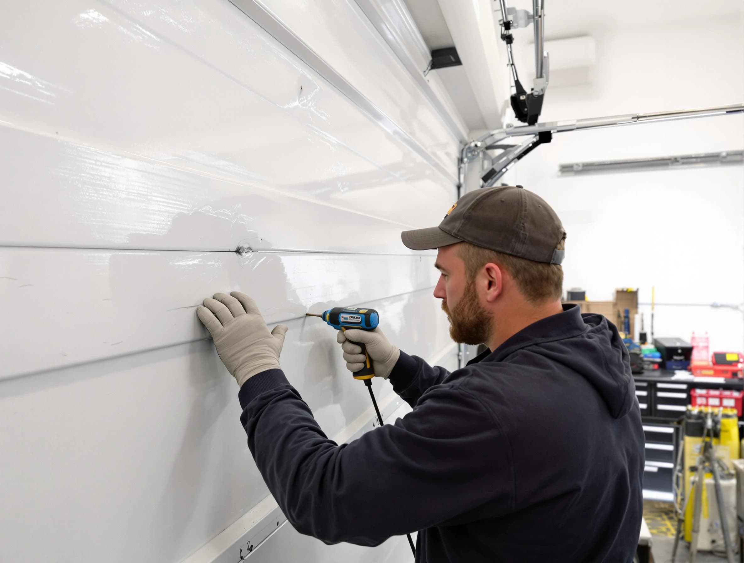 Montclair Garage Door Repair technician demonstrating precision dent removal techniques on a Montclair garage door